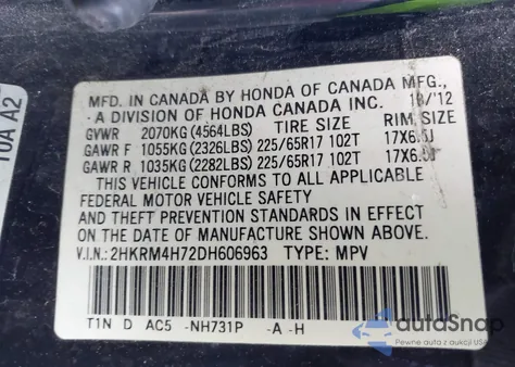 2013 Honda Cr-V Ex-L z USA, uszkodzony, nr VIN 2HKRM4H72DH606963